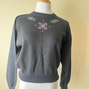 Womens Black Mock Neck Embroidered Floral Sweater Long Sleeve Cozy Pullover